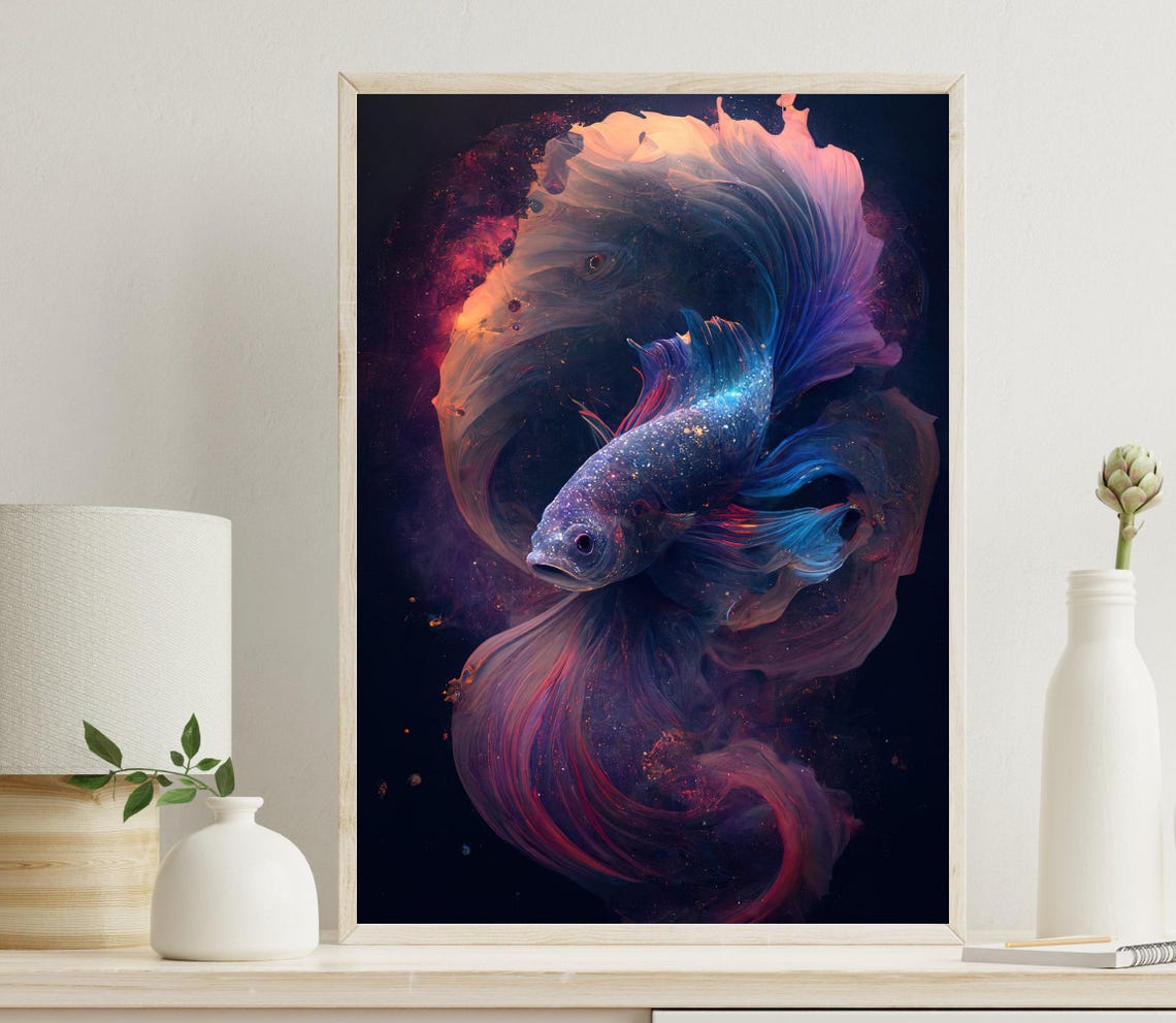 Cosmic Betta Fish Galaxy Fins On Black Abstract Aquarium Art Poster