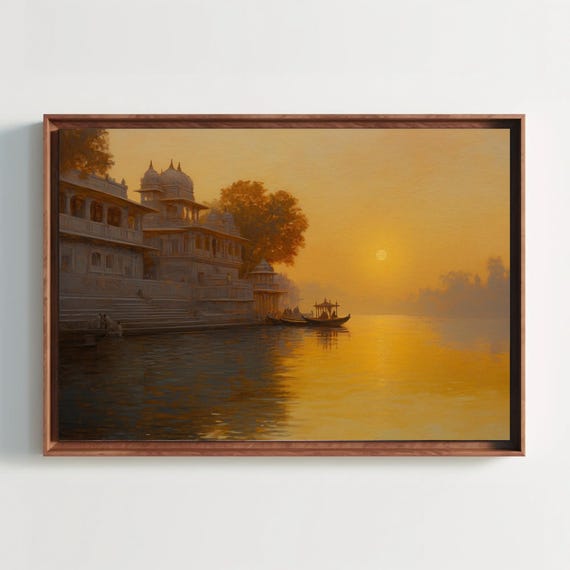 Golden Sunset Over Indian Ghats Print Serene Riverbank Wall Art Traditional Indian Landscape Spiritual Ghat Scene Decor