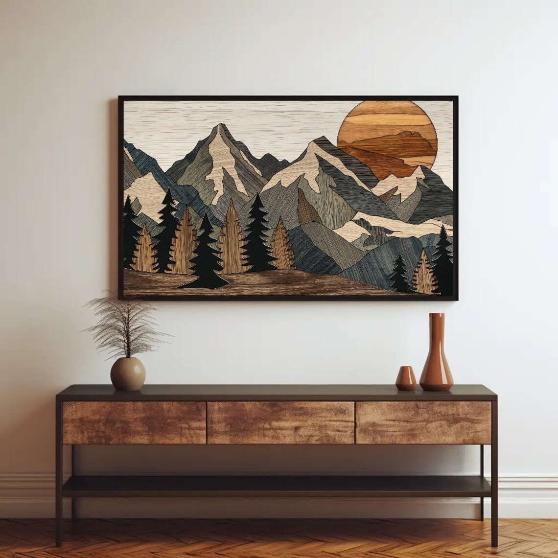 Wood Effect Mountain Wall Art Print, Rustic Decor - Image 2