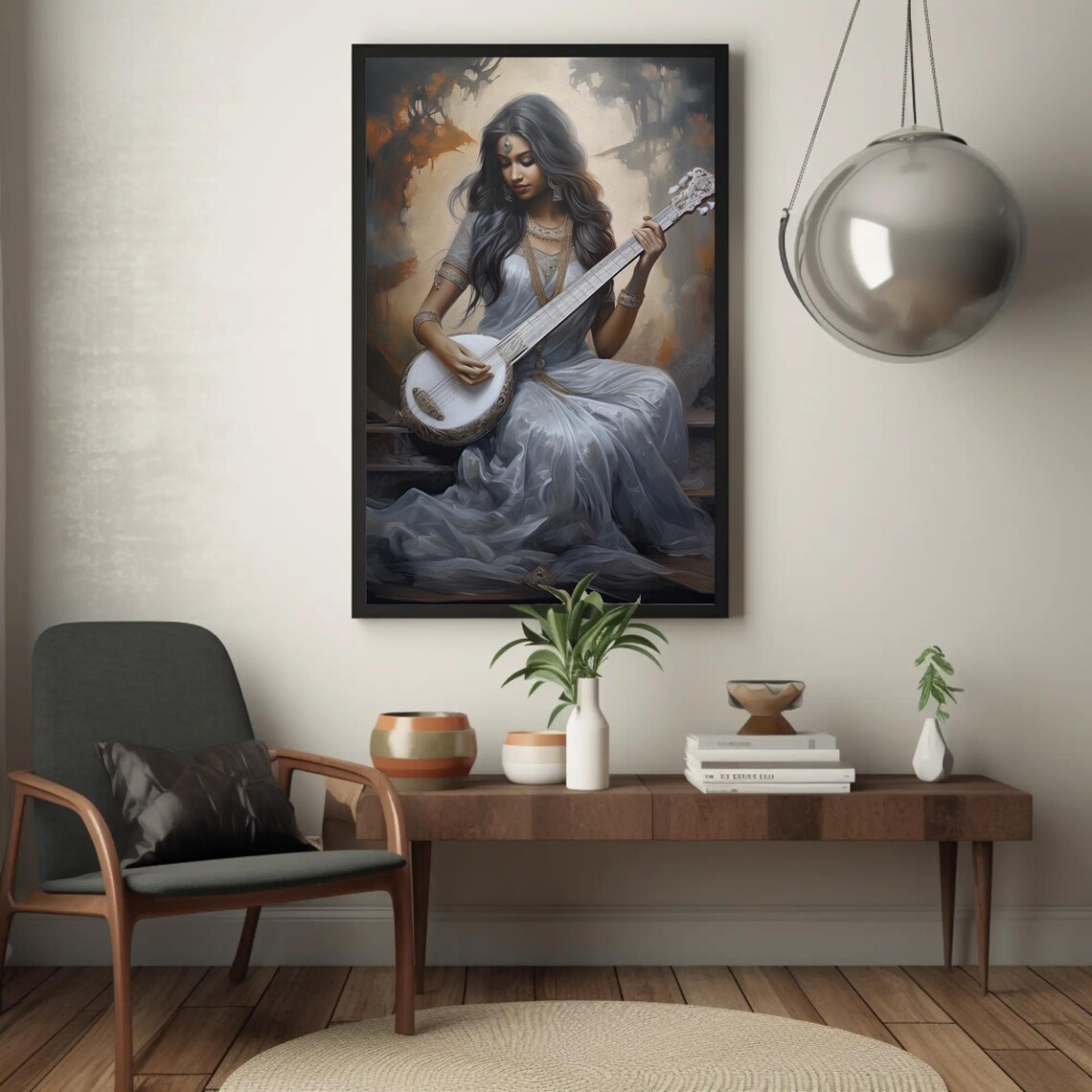 Indian Woman Playing Sitar Poster in Flowing White Dress Golden Light - Image 3
