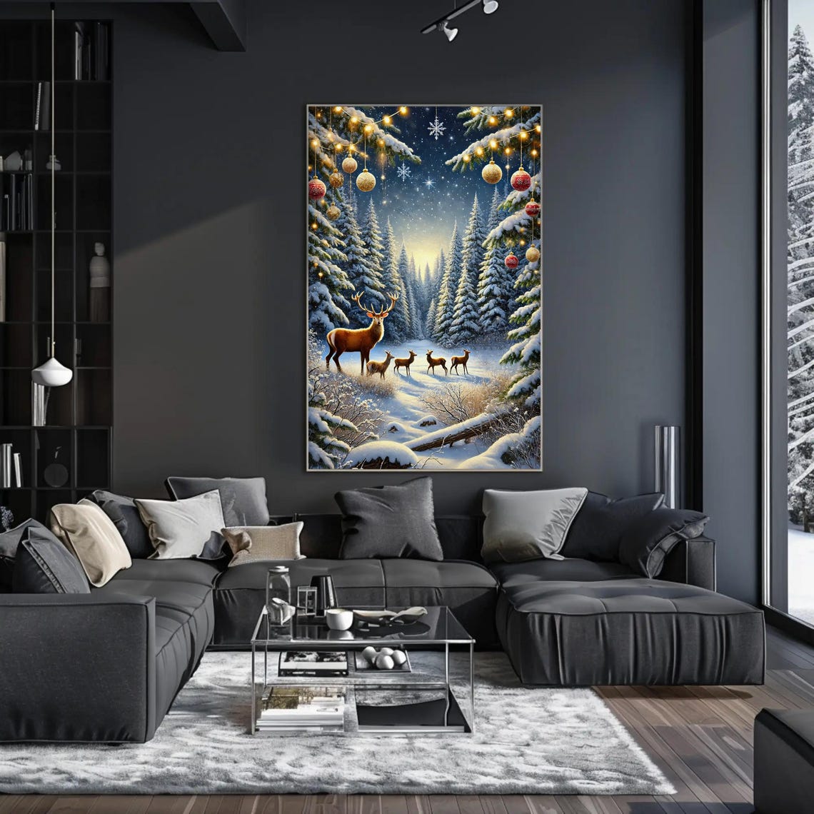 Deer Family In A Snowy Christmas Forest Under The Lights Poster - Image 3
