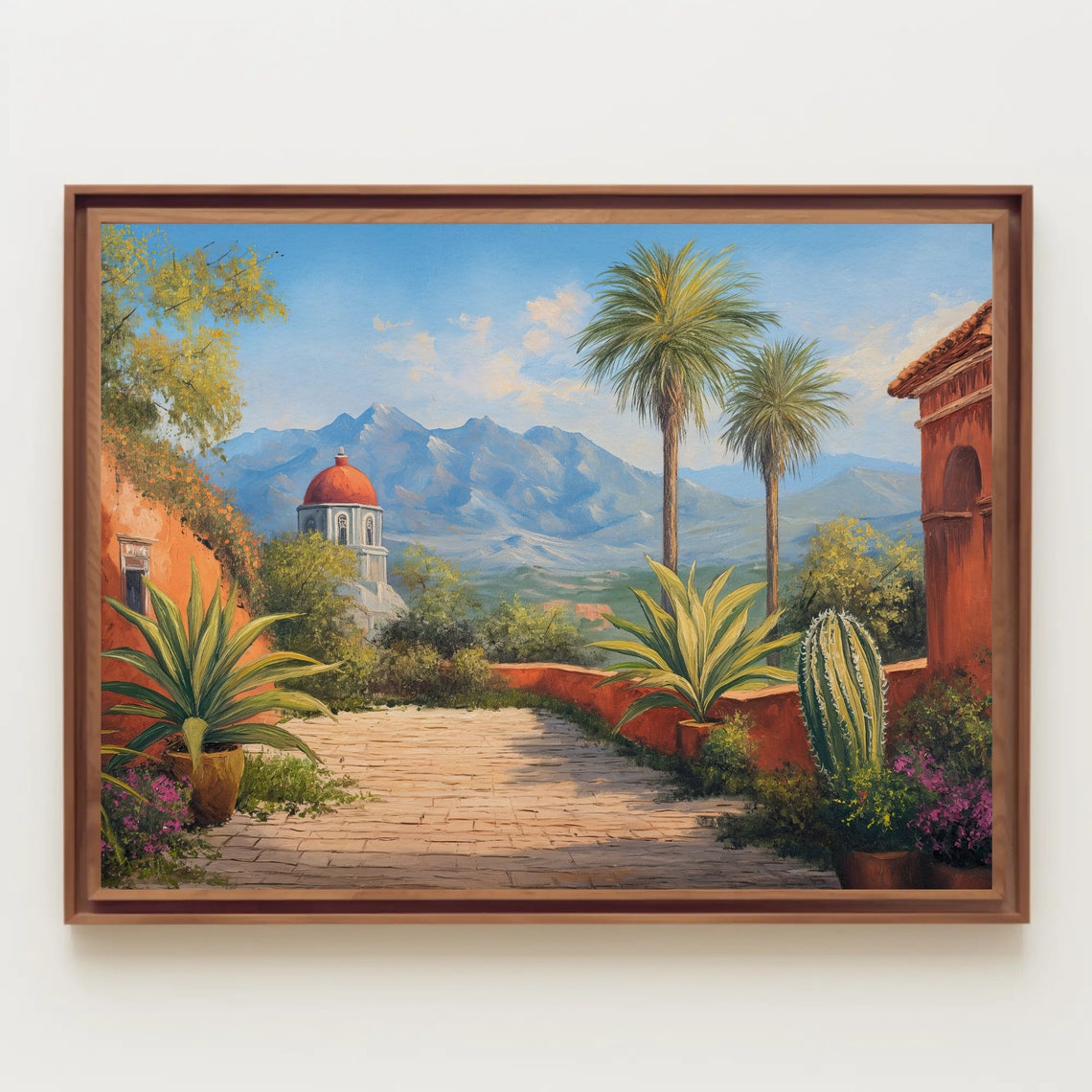 Mexican Courtyard with Palms and Church Dome Landscape Poster - Image 2