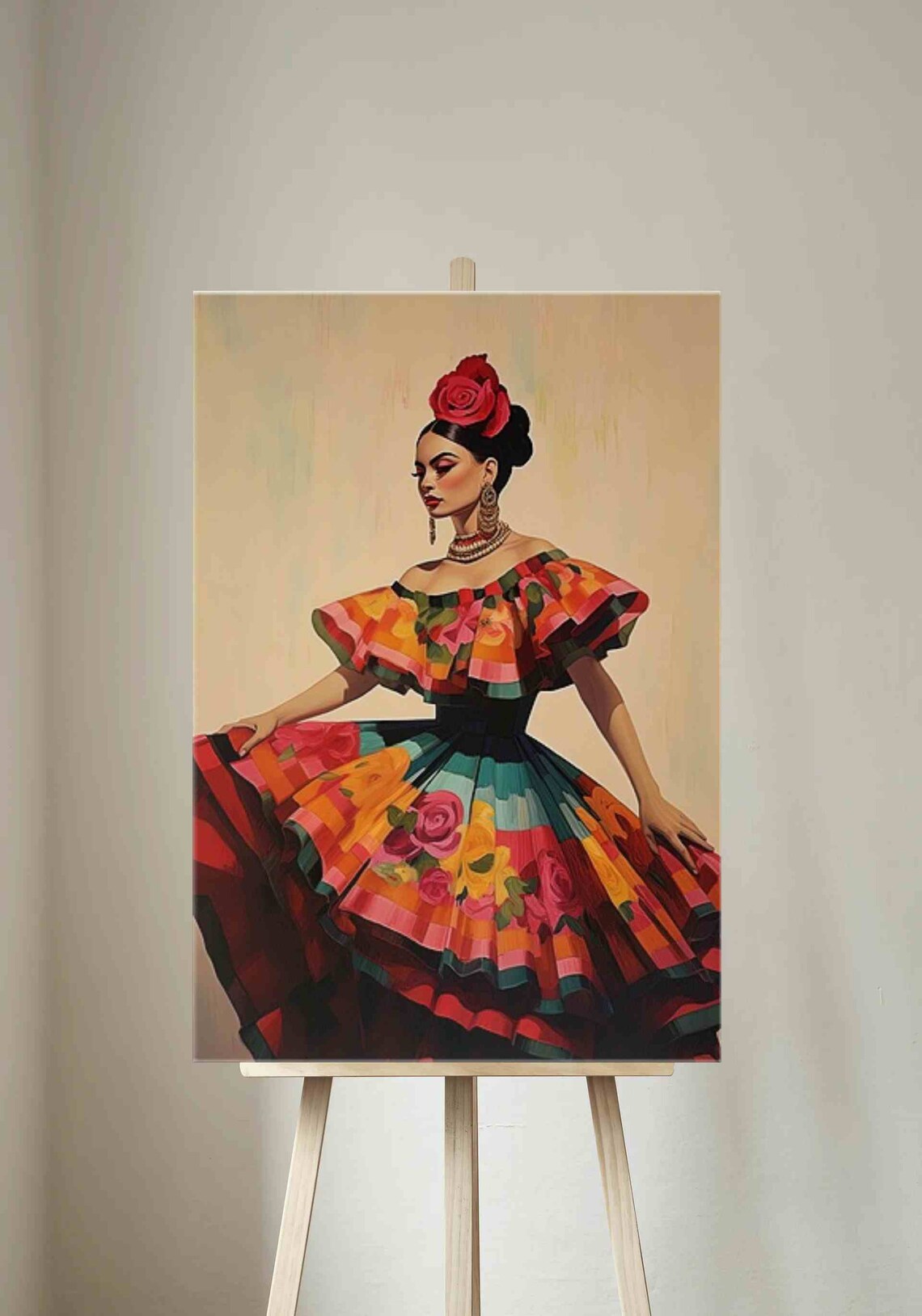 Mexican Woman in Festive Folk Dress With Rose Portrait Poster - Image 2