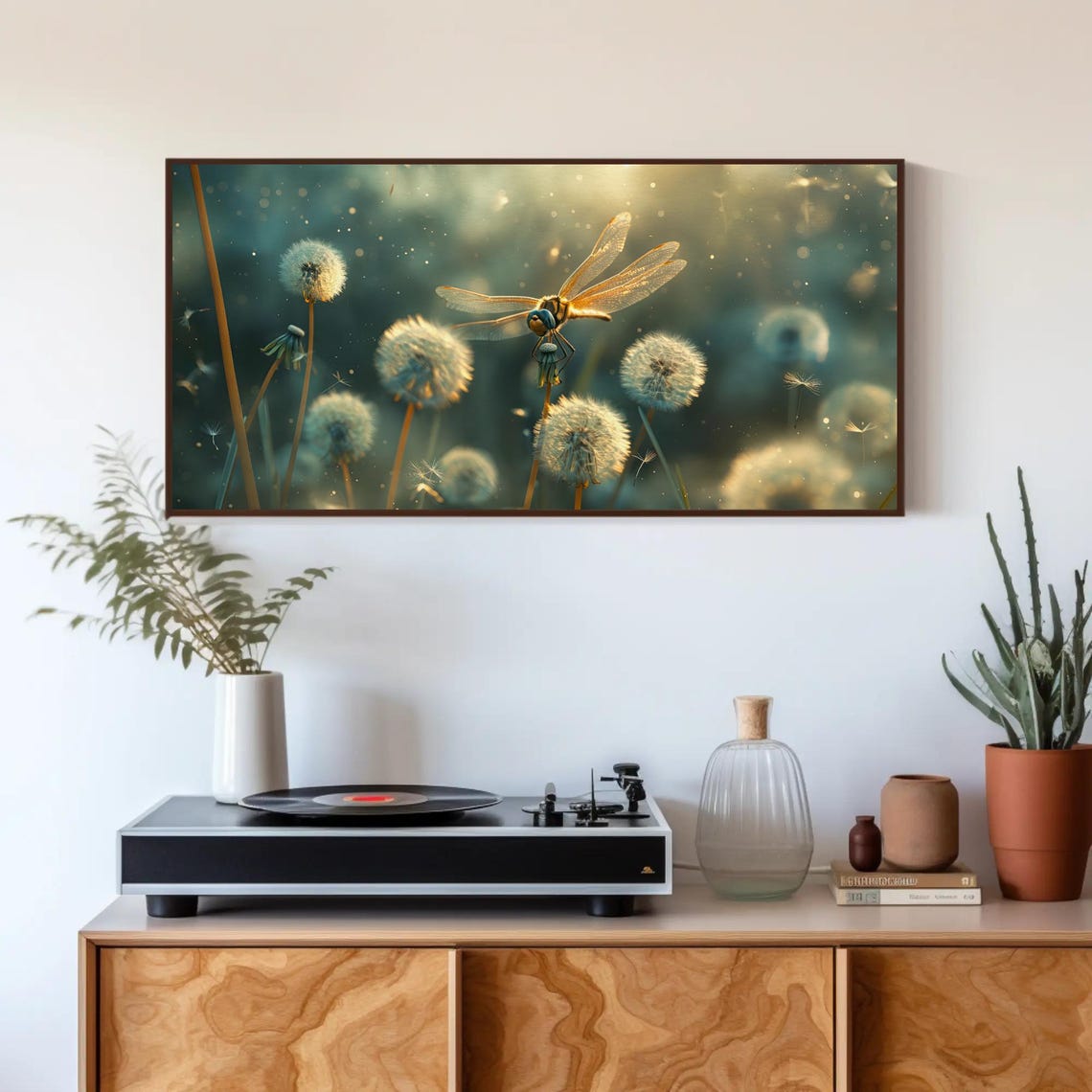 Golden Dragonfly Perched Among Glowing Dandelion Blooms Poster - Image 4