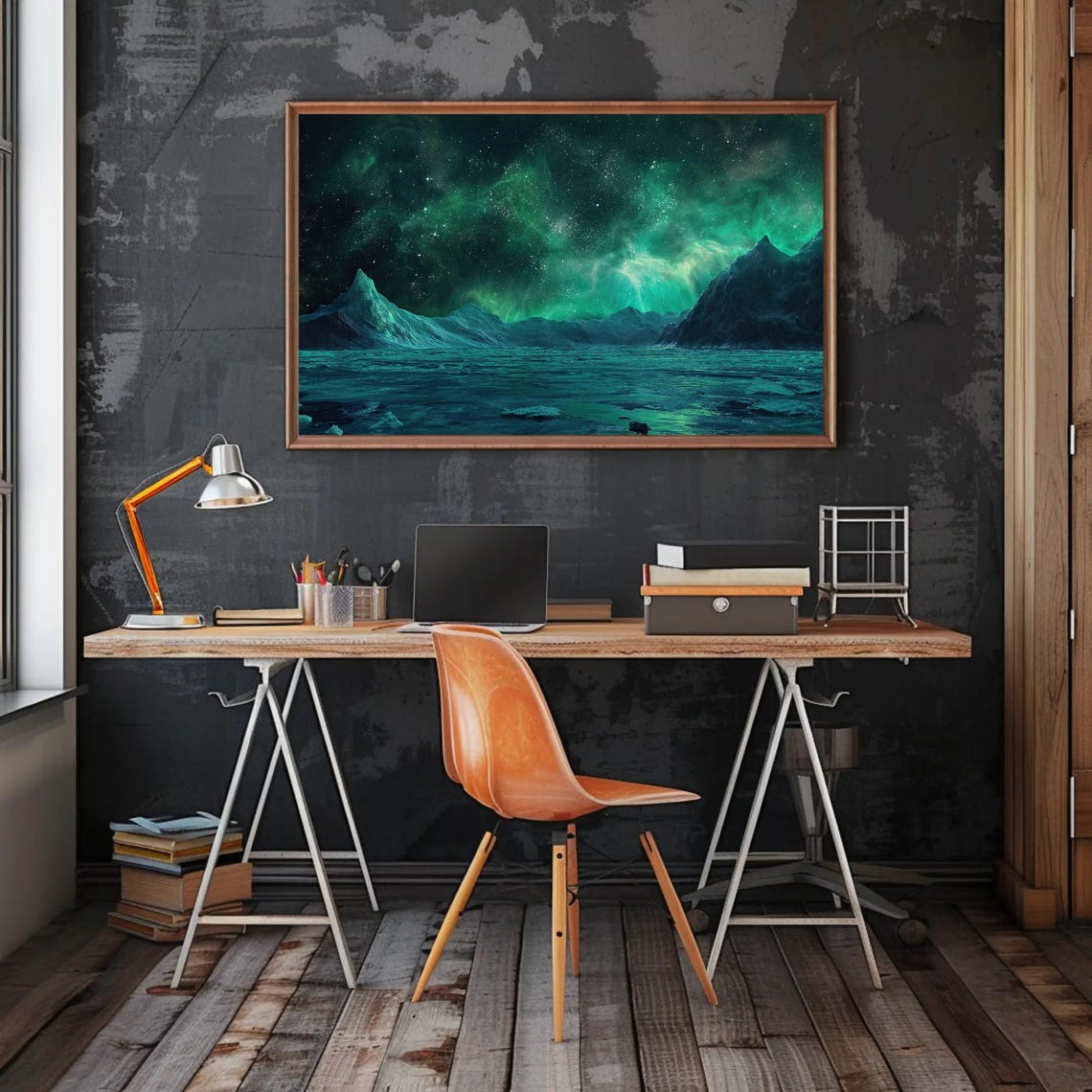Antarctica Night Green Aurora Over Starry Ice Mountains Wall Art - Image 3