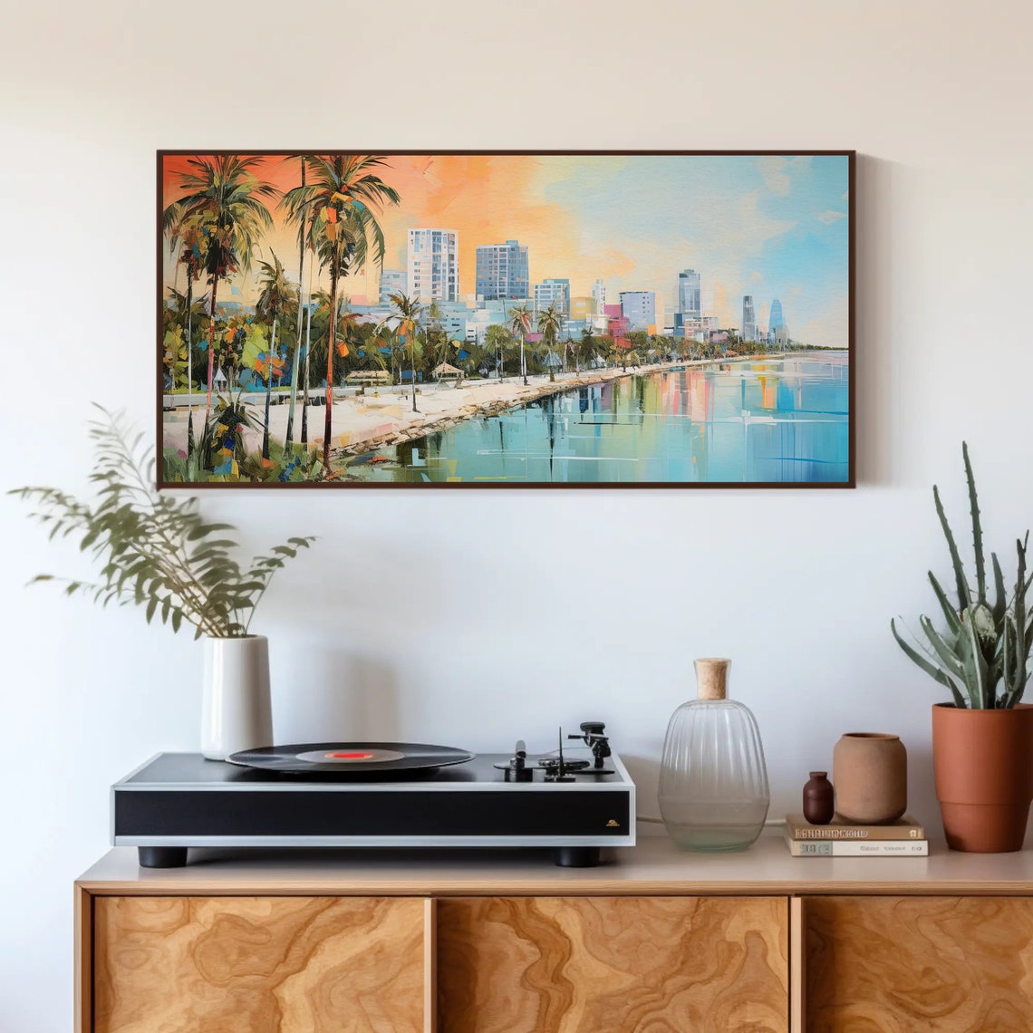 Tropical Beachfront City Skyline at Sunset Colorful Painting Poster - Image 4
