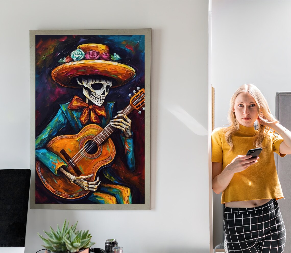 Mexican Mariachi Cowboy Skeleton Guitarist Art Print - Image 3