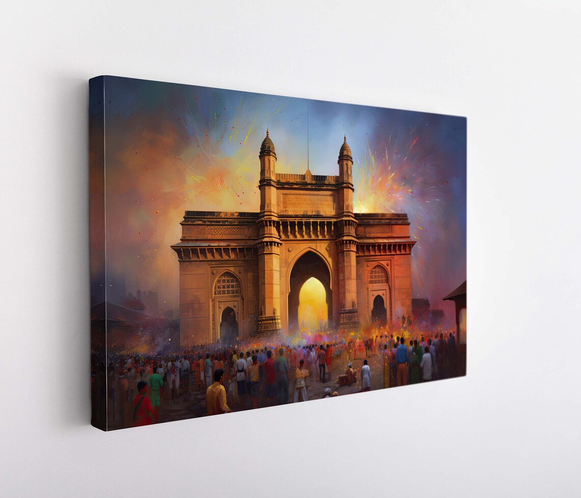 Gateway of India Holi Festival Crowd Celebration Painting Poster - Image 5