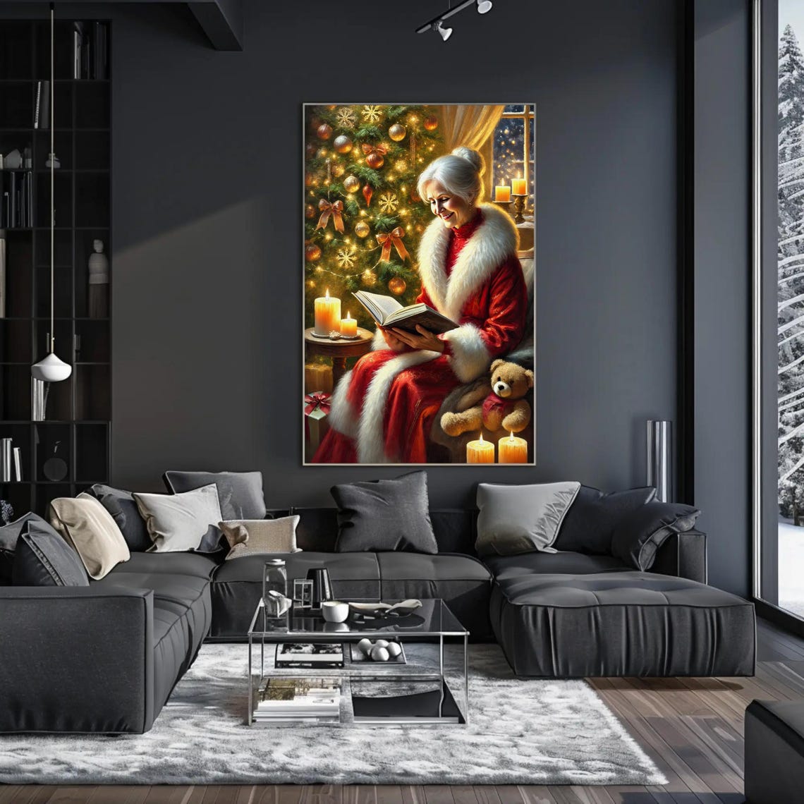 Mrs Claus Reading By The Christmas Tree With Teddy Bear Poster - Image 3