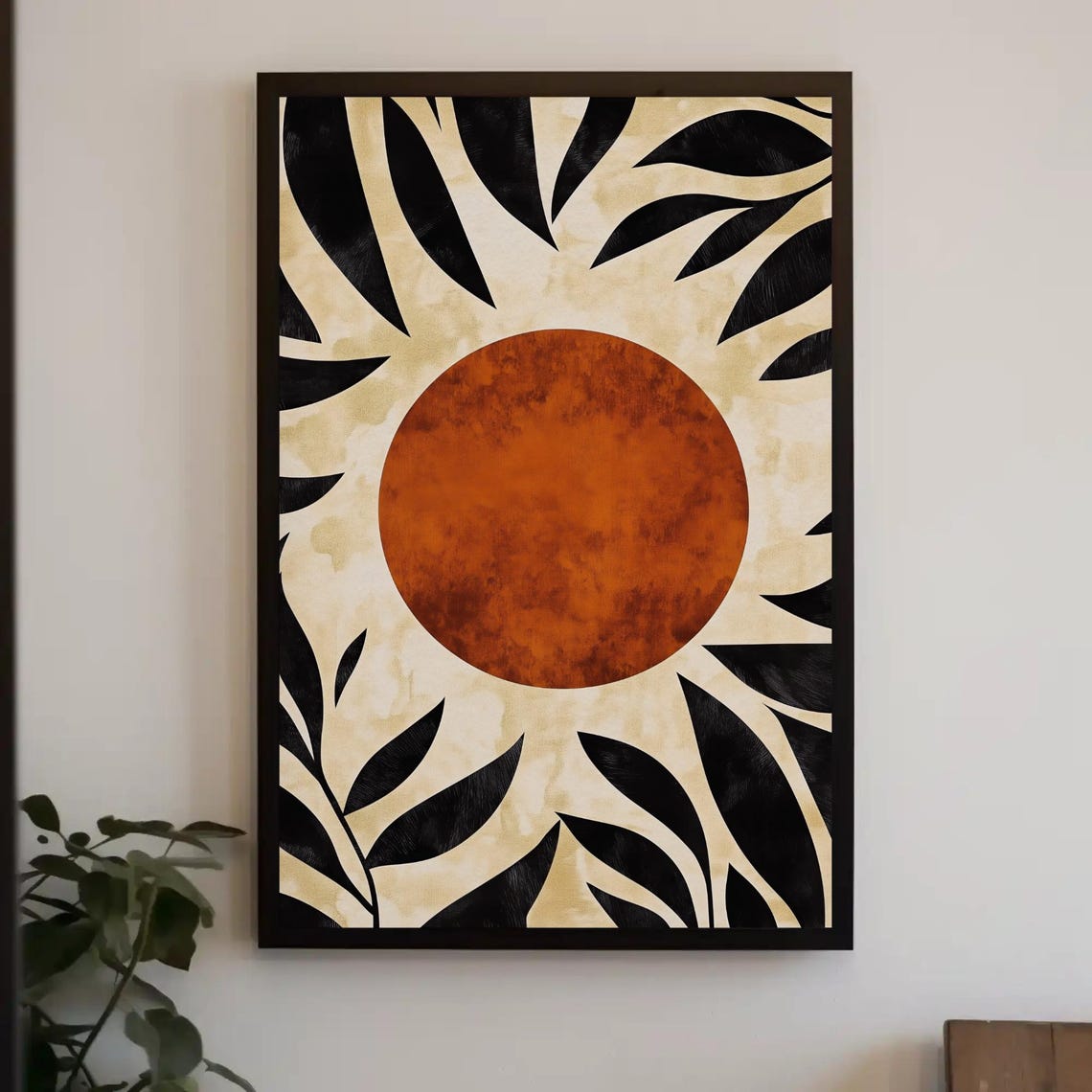 Mid Century Modern Burnt Orange Sun Botanical Silhouette Art Poster