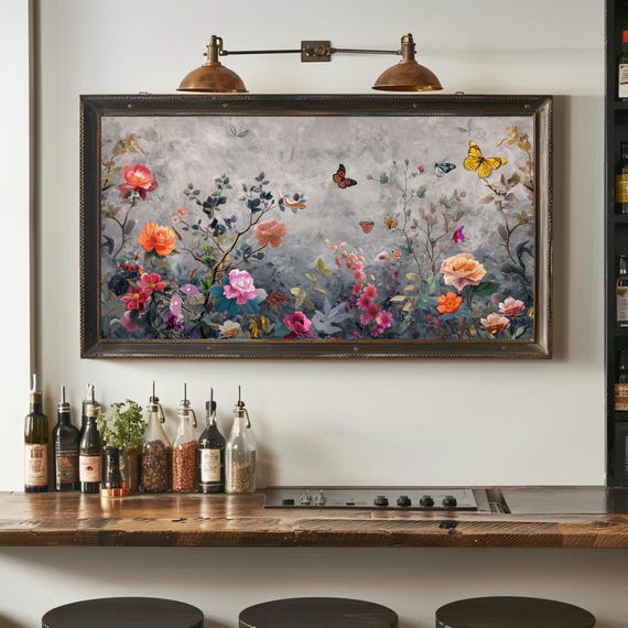Flowers With Butterflies Abstract Painting Large Panoramic Landscape Painting Grey Background Nature Wall Art For Bedroom