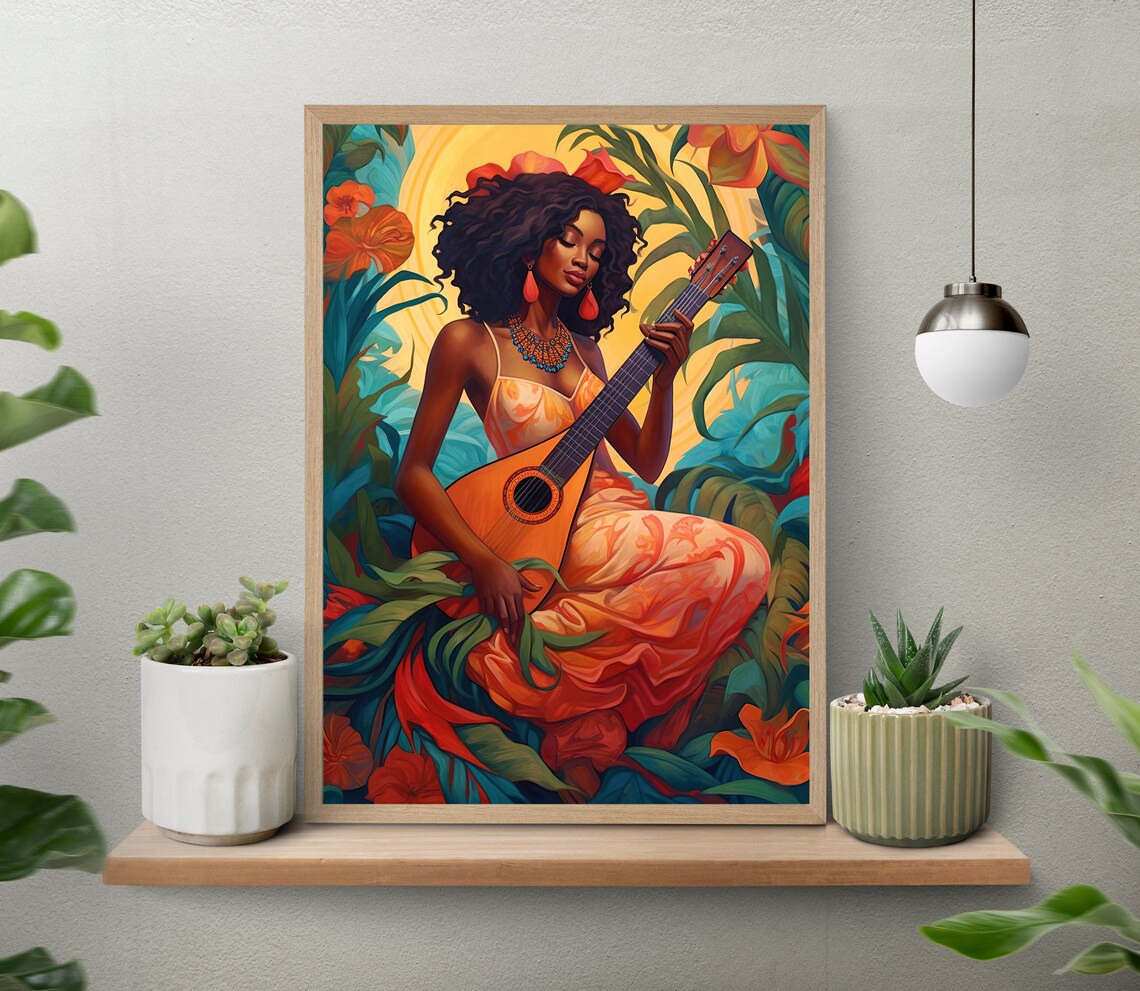 Tropical Woman Musician With Guitar Among Lush Leaves And Flowers Poster - Image 4