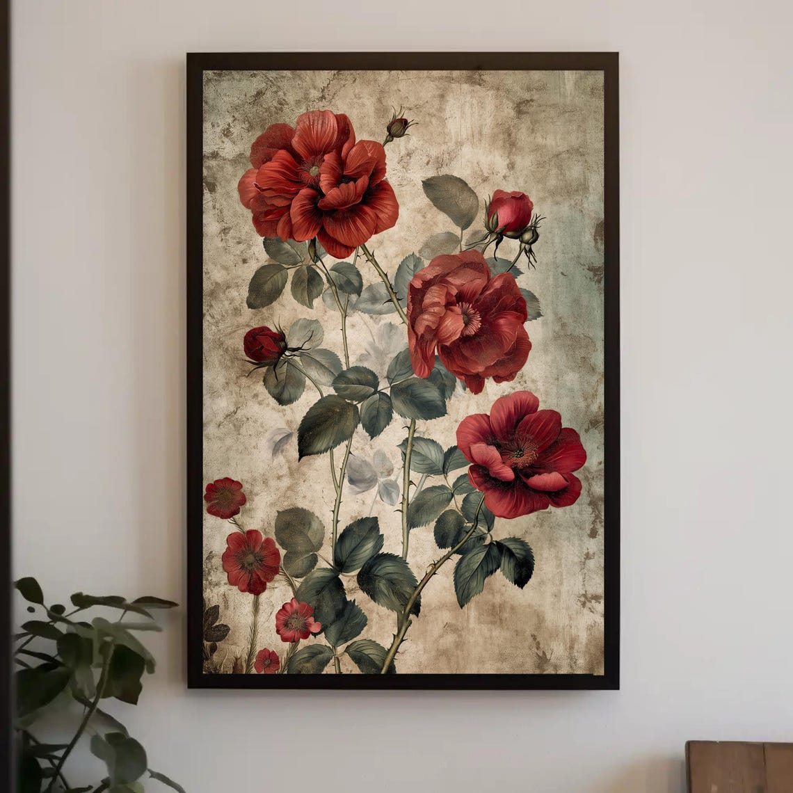 Vintage Red Roses Botanical Study On Aged Parchment Paper Poster