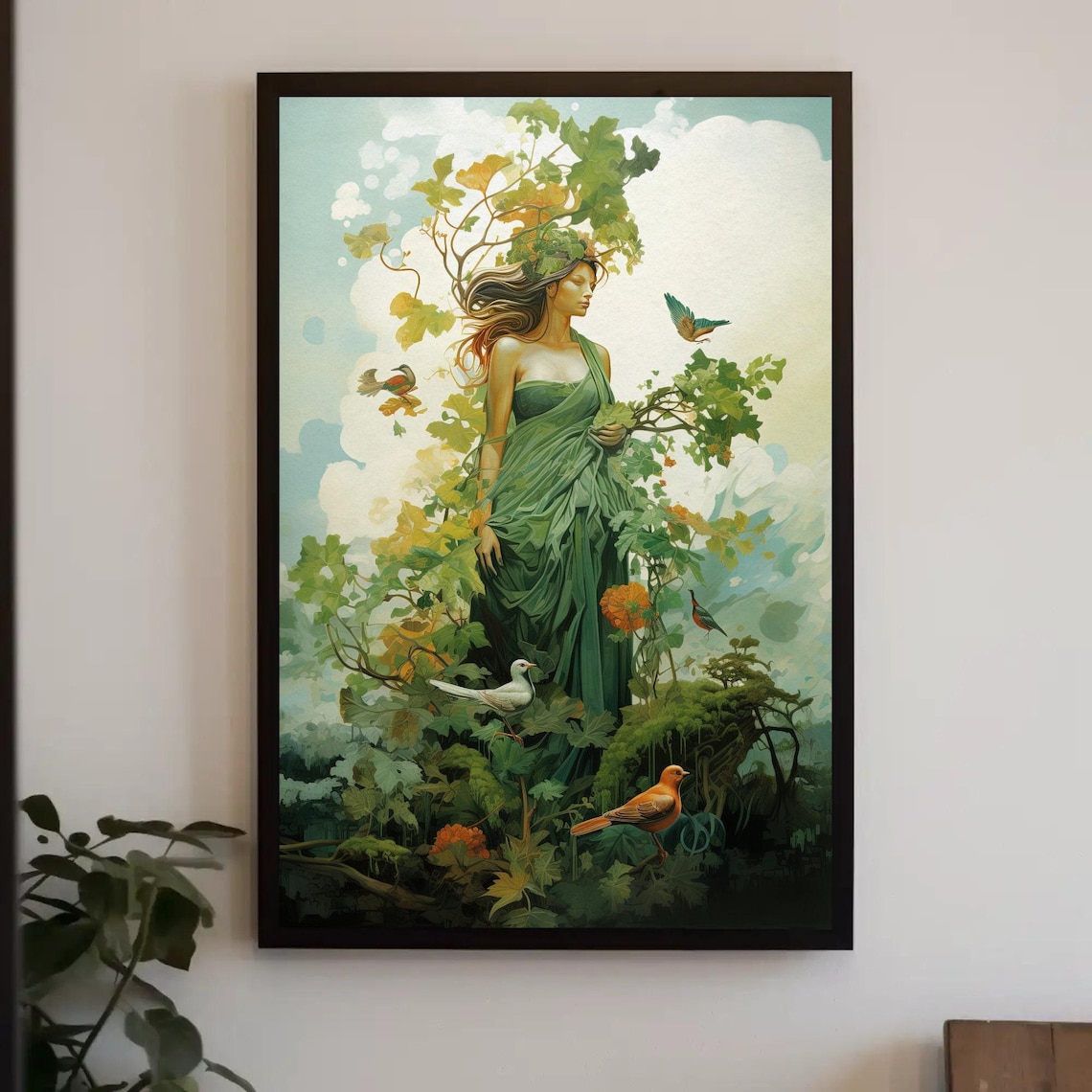Forest Nymph in Flowing Green Gown Among Vines and Songbirds Poster