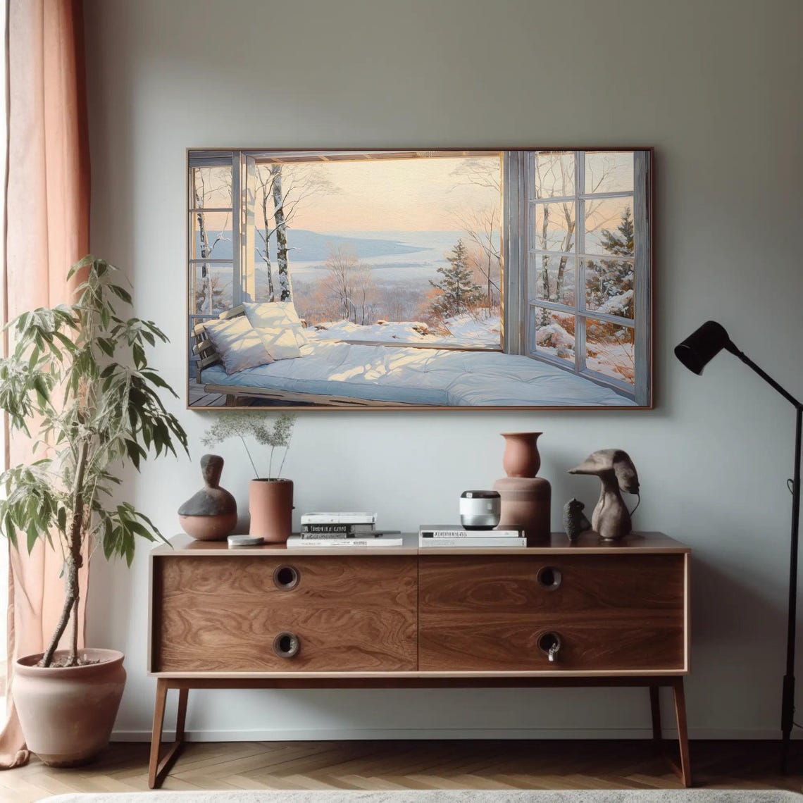 Snowy Cabin Daybed Nook with Windows on Winter Valley Poster - Image 4
