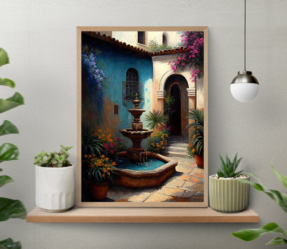 Mexican Courtyard With Stone Fountain and Bougainvillea Poster - Image 4