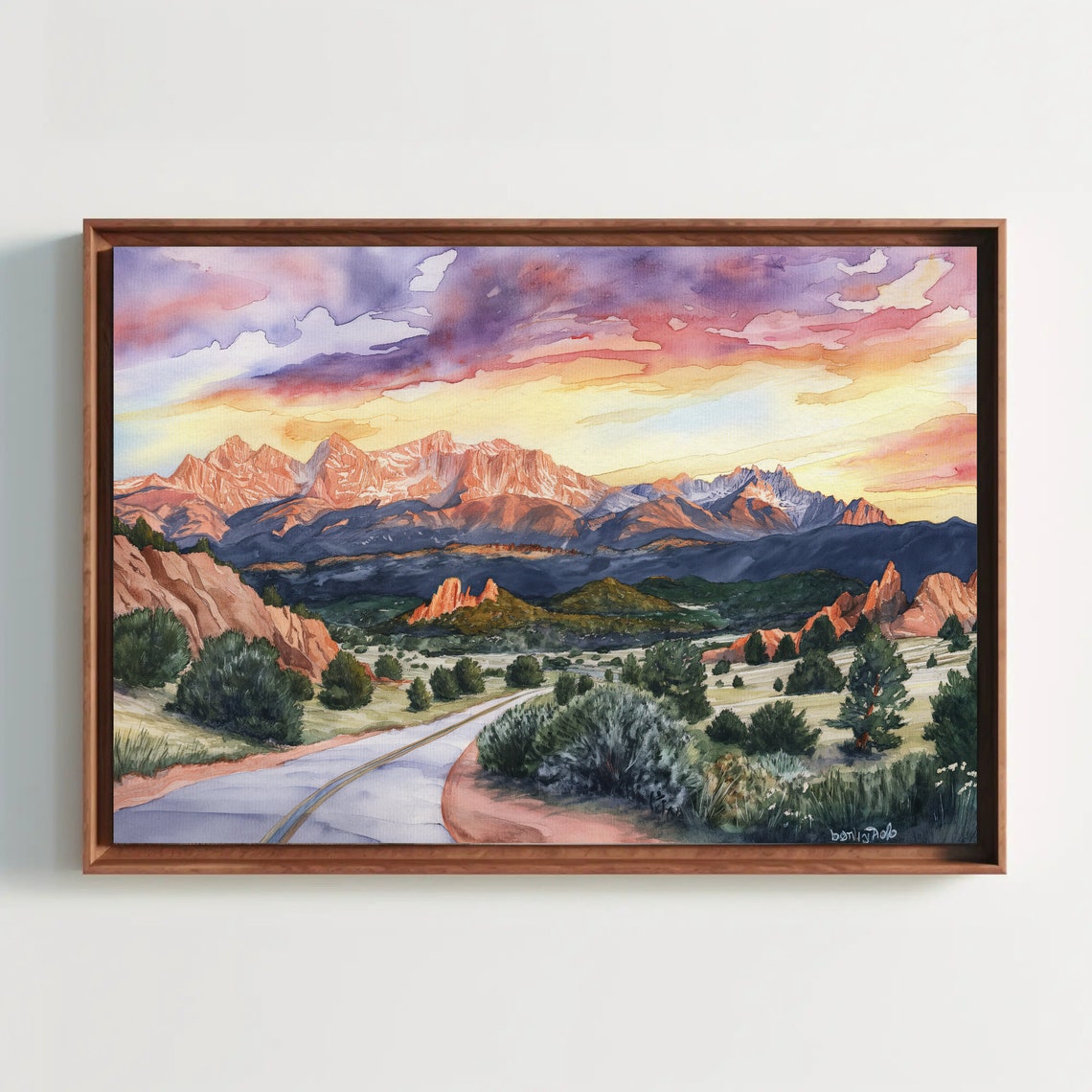 Winding Road To Rocky Mountain Sunrise Watercolor Landscape Poster