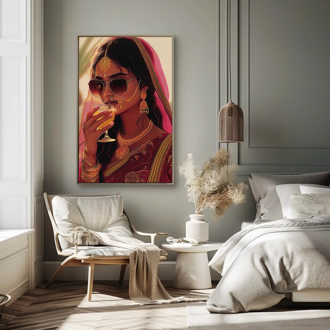 Modern Indian Woman Drinking Wine Bold Desi Illustration Poster - Image 2
