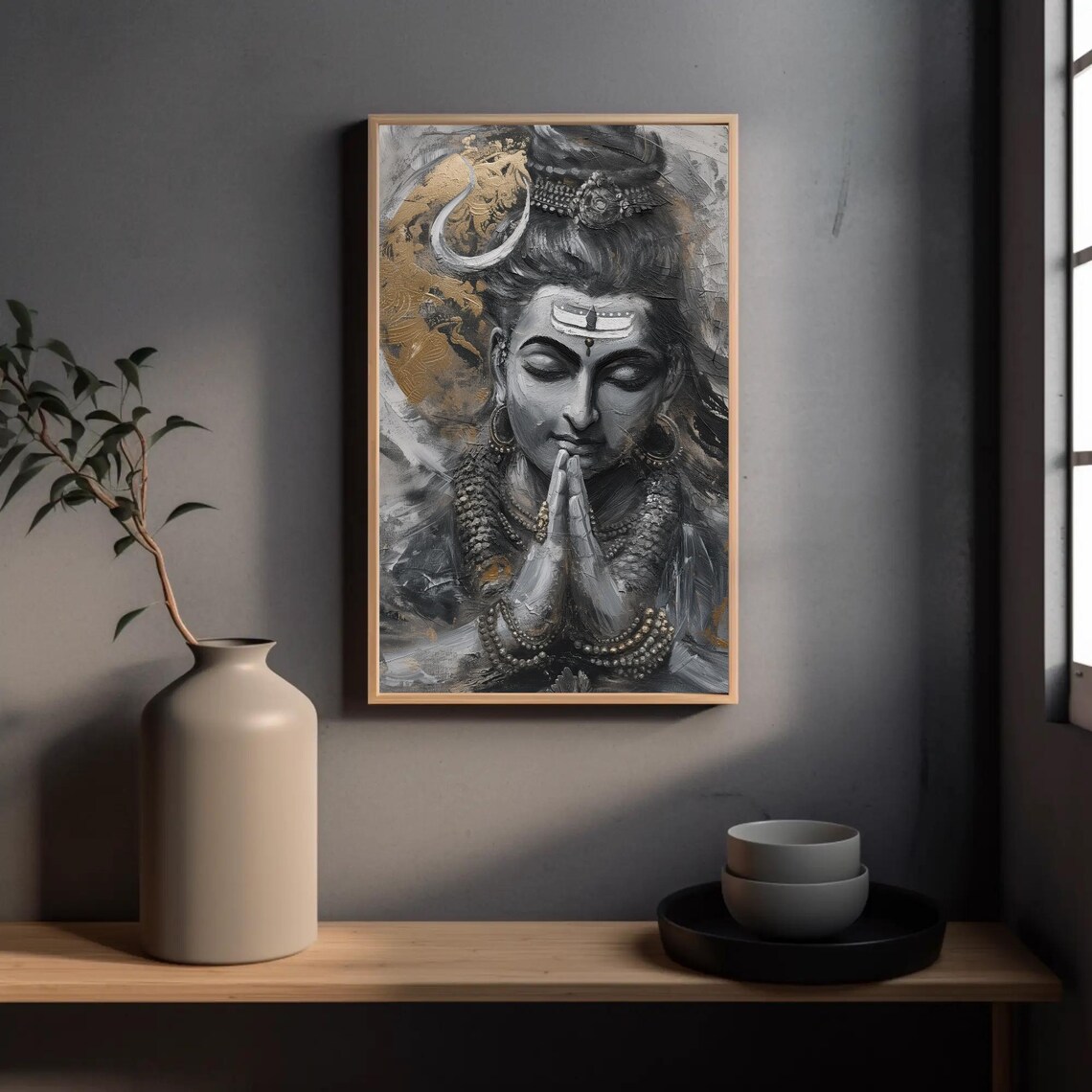 Praying Lord Shiva Hindu God Gray and Gold Spiritual Wall Poster - Image 3