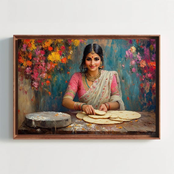 Indian Kitchen Oil Painting Woman Making Roti Extra Large Horizontal Art Indian Home Decor Rustic Wall Art For Dining Room