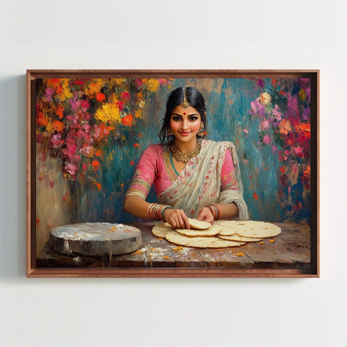 Indian Woman Rolling Roti Colorful Traditional Kitchen Art Poster