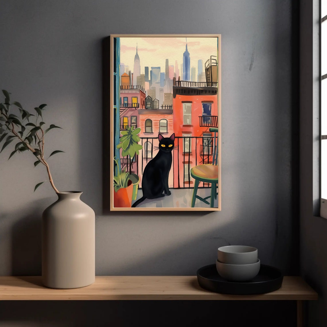 Black Cat on New York Balcony Manhattan Skyline Watercolor Poster - Image 4