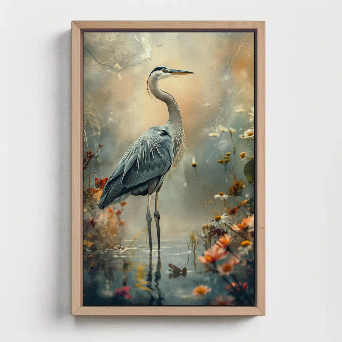 Great Blue Heron In Misty Wetland With Wildflowers Art Poster - Image 3