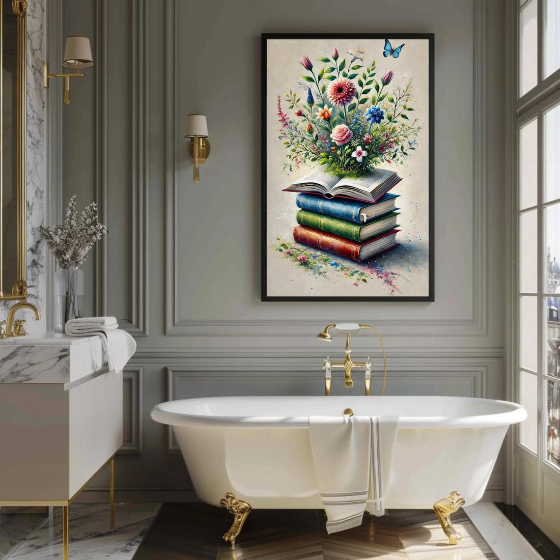 Stack of Vintage Books with Wildflowers Blooming from Pages Poster - Image 2