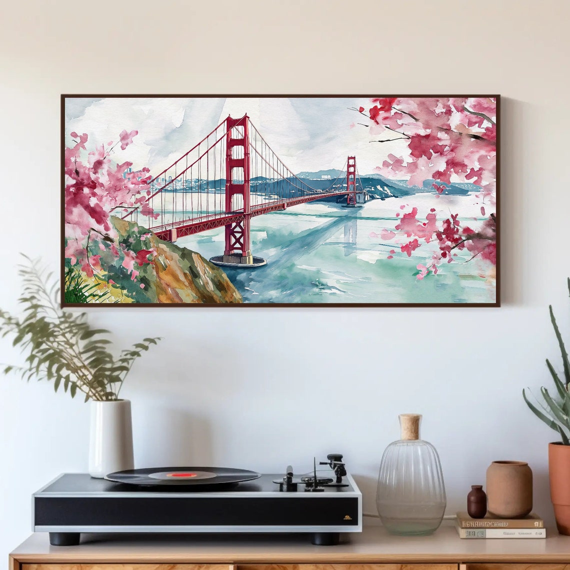 Golden Gate Bridge Watercolor Cherry Blossom Panoramic SF Poster
