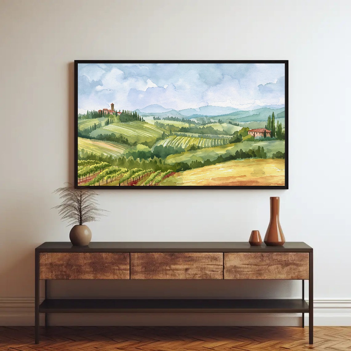 Tuscan Countryside Vineyards and Cypress Trees Watercolor Poster - Image 2