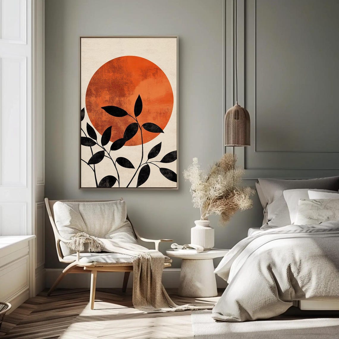 Burnt Orange Sun With Black Leafy Branches Abstract Art Poster - Image 2