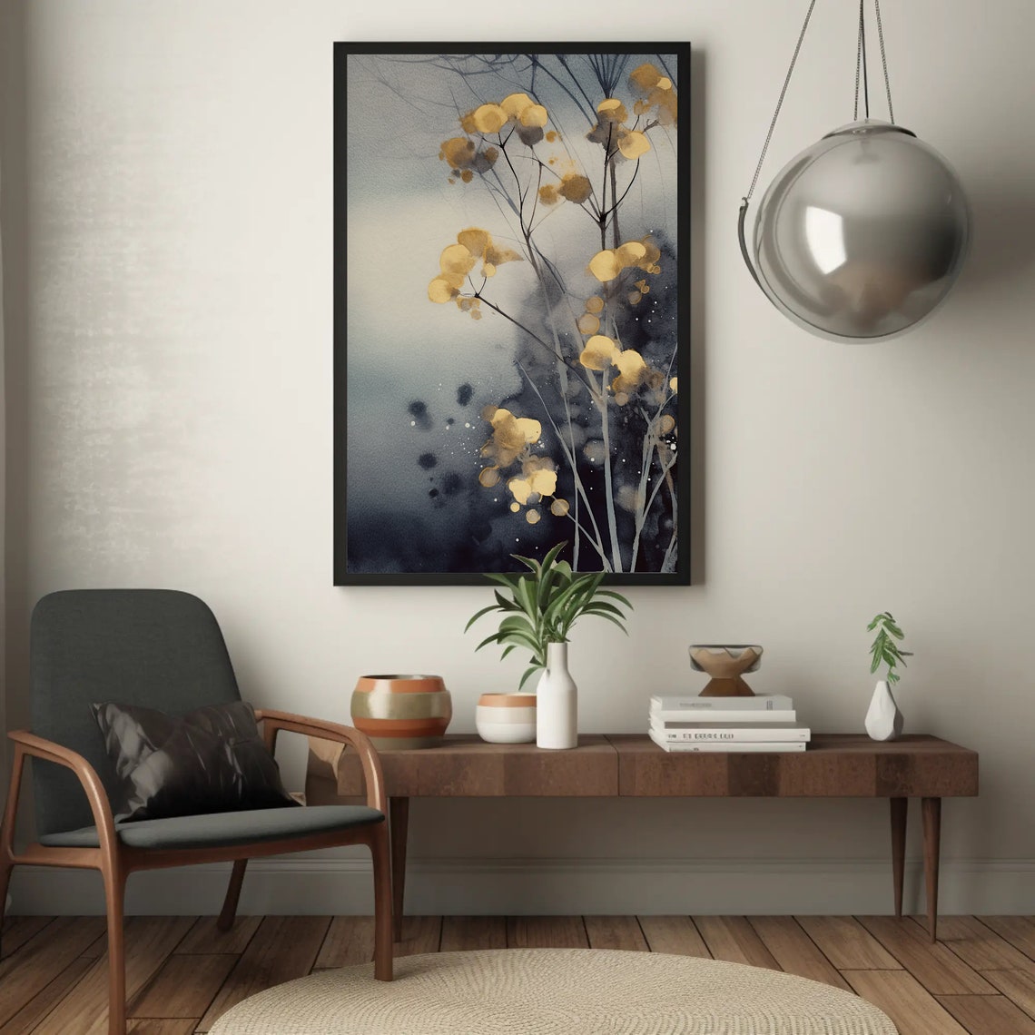 Golden Blossom Branches Night Sky Gold Ink Watercolor Poster - Image 5