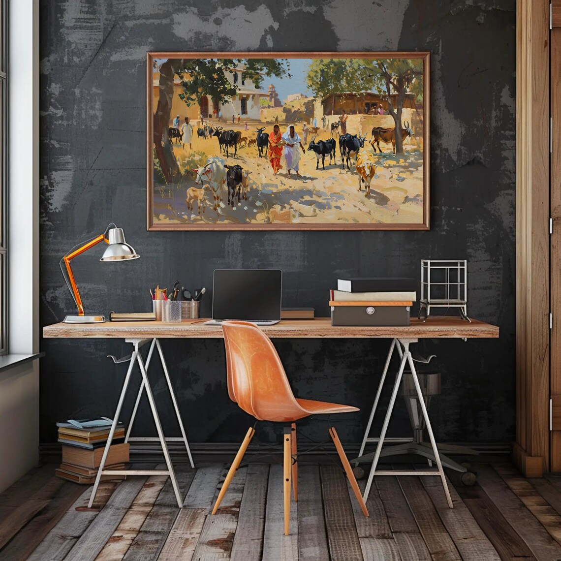 Indian Village Cattle Herd Women Temple Rural Painting Poster - Image 4