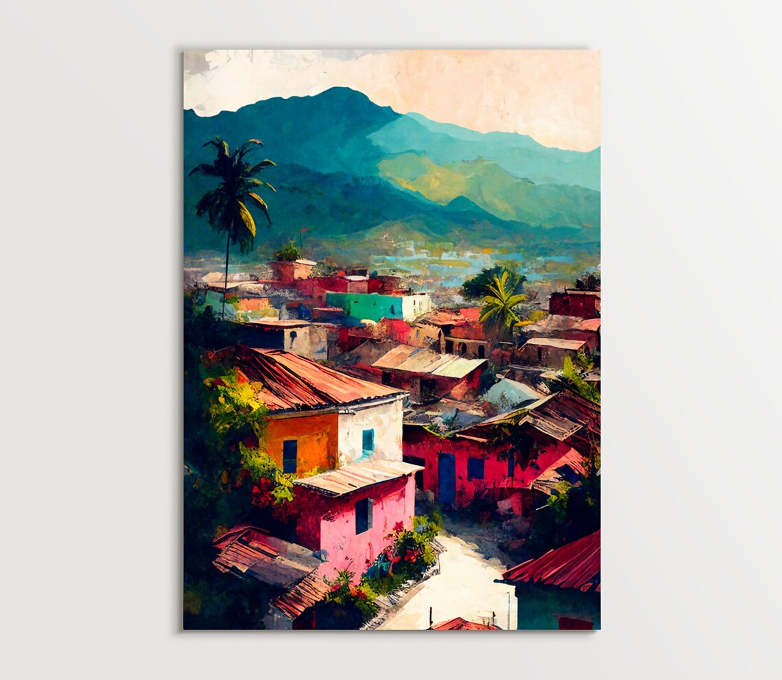 Haiti Hillside Town With Colorful Houses and Palm Trees Poster - Image 5
