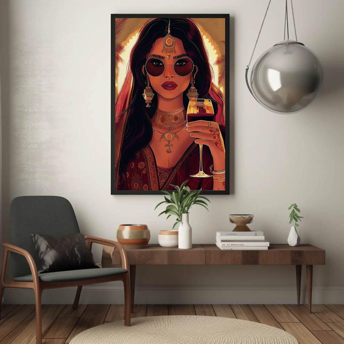Indian Woman In Saree Holding Wine Modern Desi Illustration Poster - Image 5