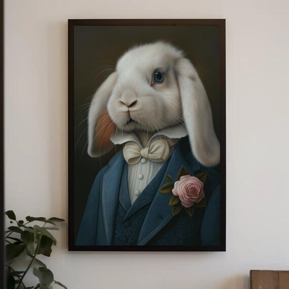 Elegant White Holland Lop Rabbit In Blue Suit With Rose Poster