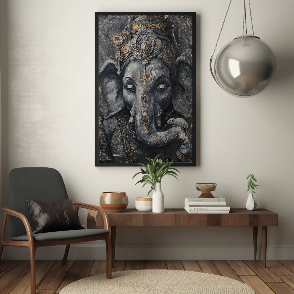 Ganesha with Pet Mouse in Dark Gray and Gold Spiritual Wall Poster - Image 4