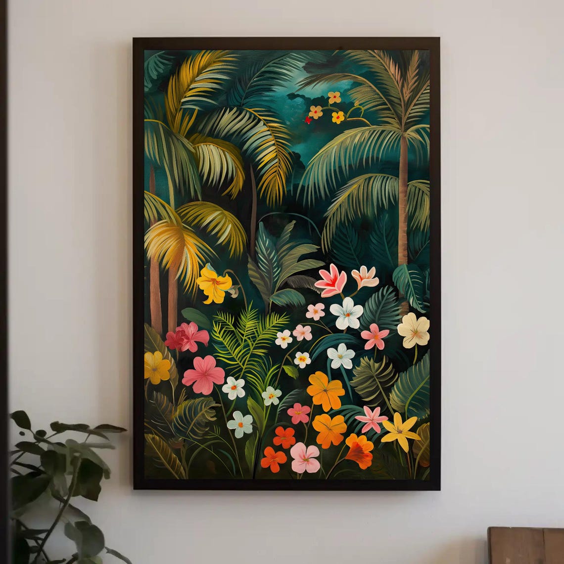 Night Jungle Palm Trees Hibiscus Tropical Floral Art Wall Poster