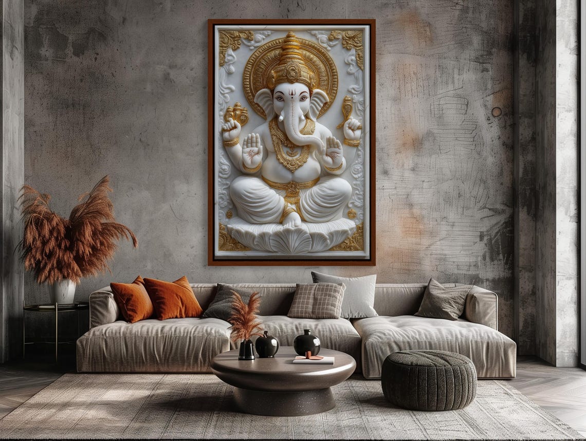 White Marble Ganesha with Golden Ornaments 3D Statue Art Poster - Image 5