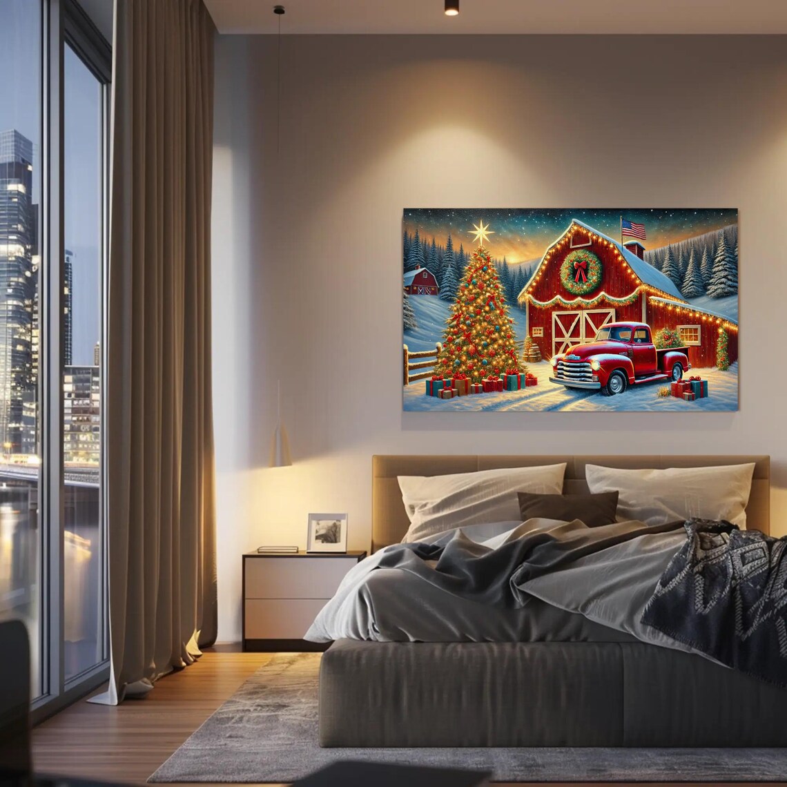 Vintage Red Truck And Red Christmas Barn With Flag Scene Poster - Image 2