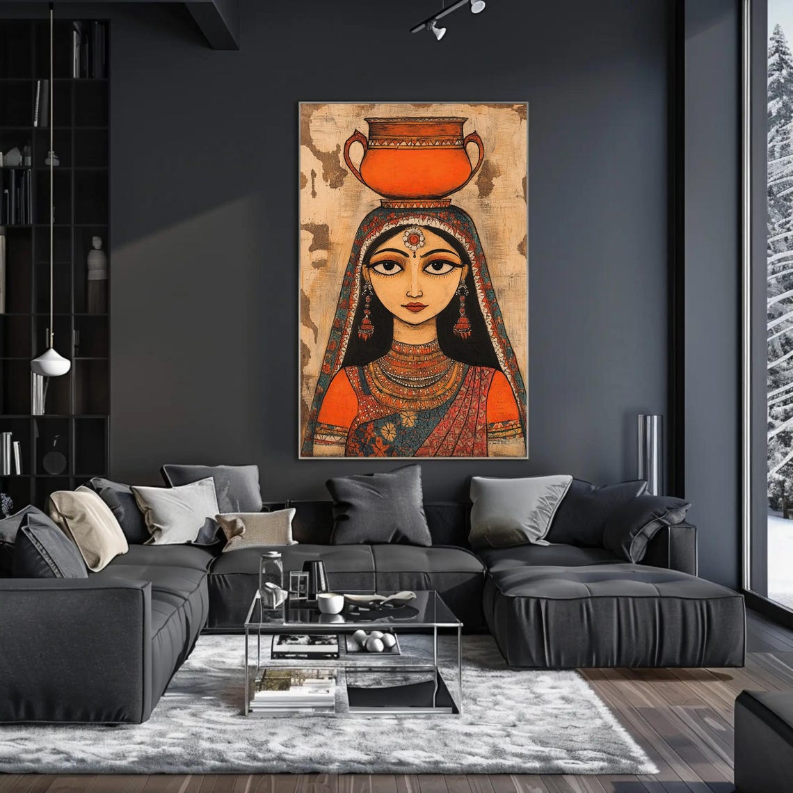 Traditional Indian Woman With Clay Pot Print Indian Folk Art Style Painting Vibrant Wall Art For Living Room Or Bedroom Decor - Image 2
