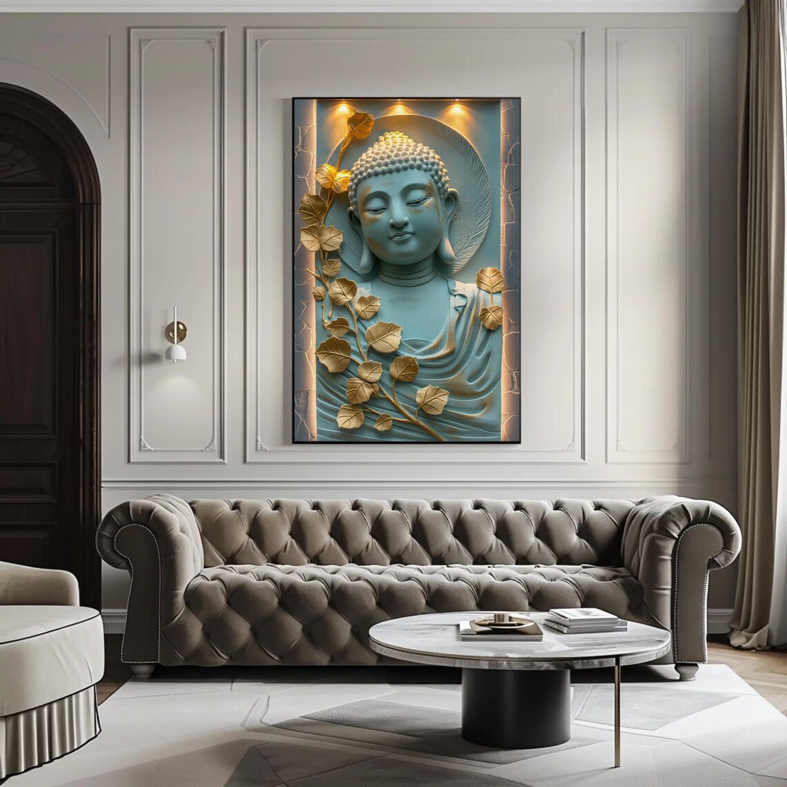 Serene Blue Buddha Bust Adorned With Golden Bodhi Leaves Poster - Image 3