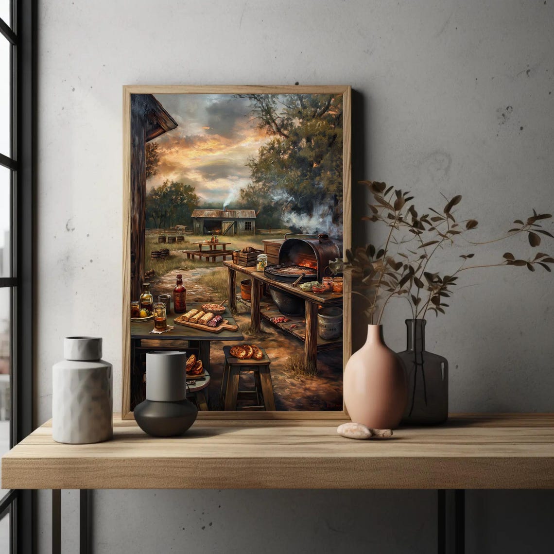 Rustic Farmhouse Backyard BBQ Smoker Grill Scene At Sunset Poster - Image 2