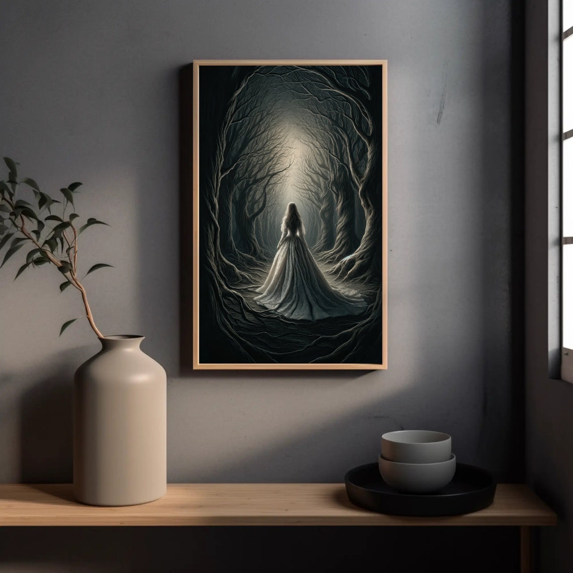 Woman Walking Through Dark Twisted Forest Toward Light Poster - Image 3