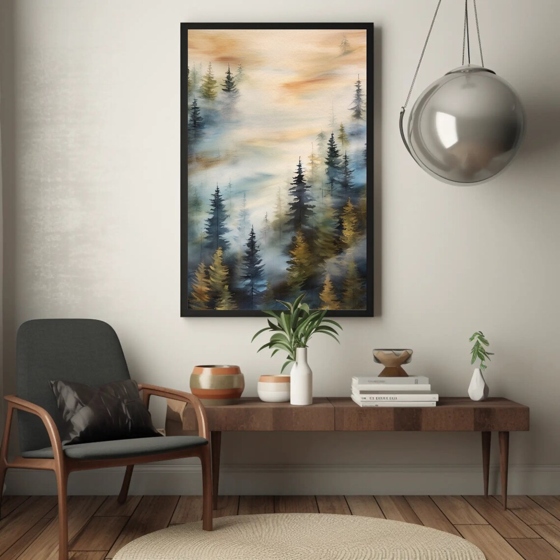 Misty Sunrise Pine Forest Warm Glow Foggy Woodland Art Poster - Image 5
