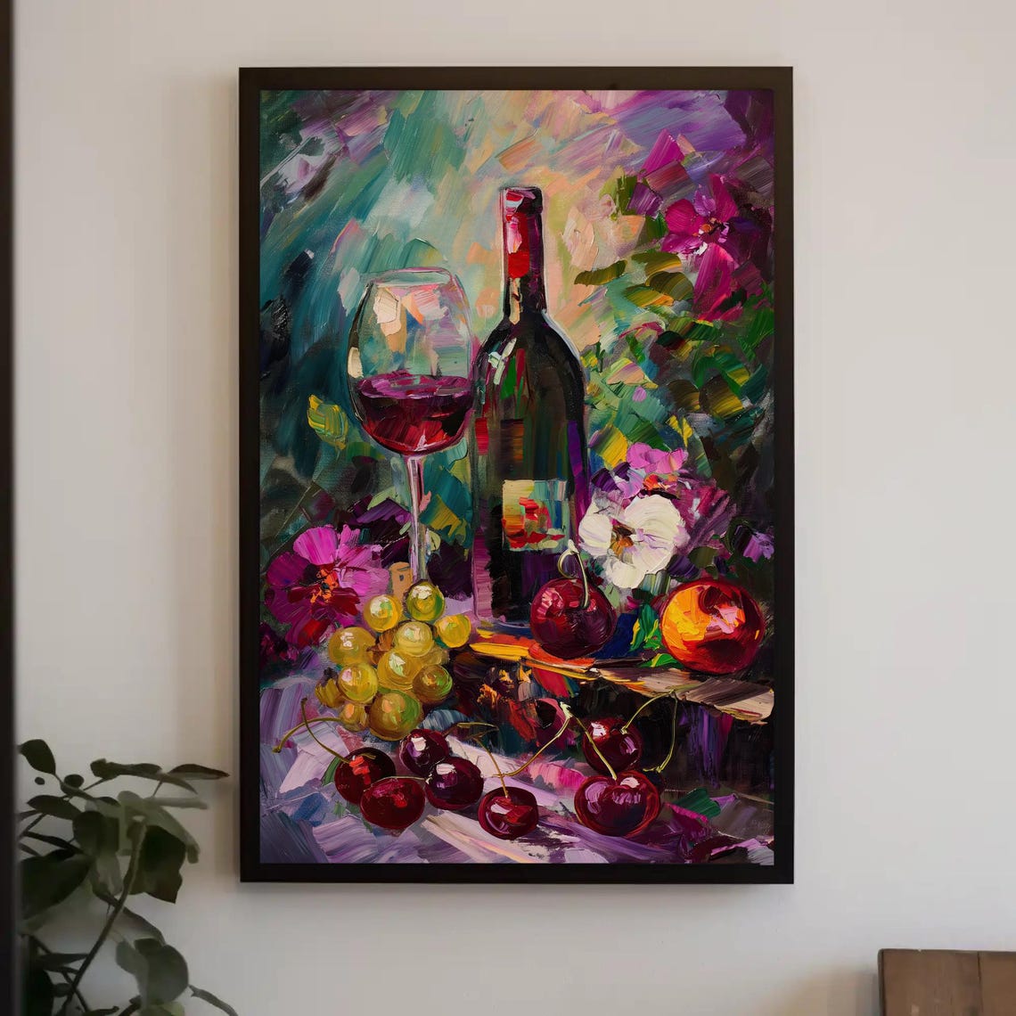 Red Wine Bottle Grapes Cherries Bold Impasto Still Life Dining Poster