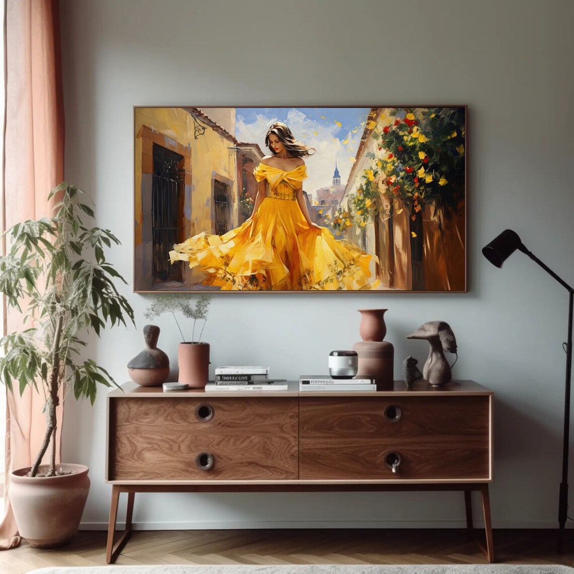 Woman in Yellow Dress on Mexican Street Flower Alley Scene Poster - Image 4