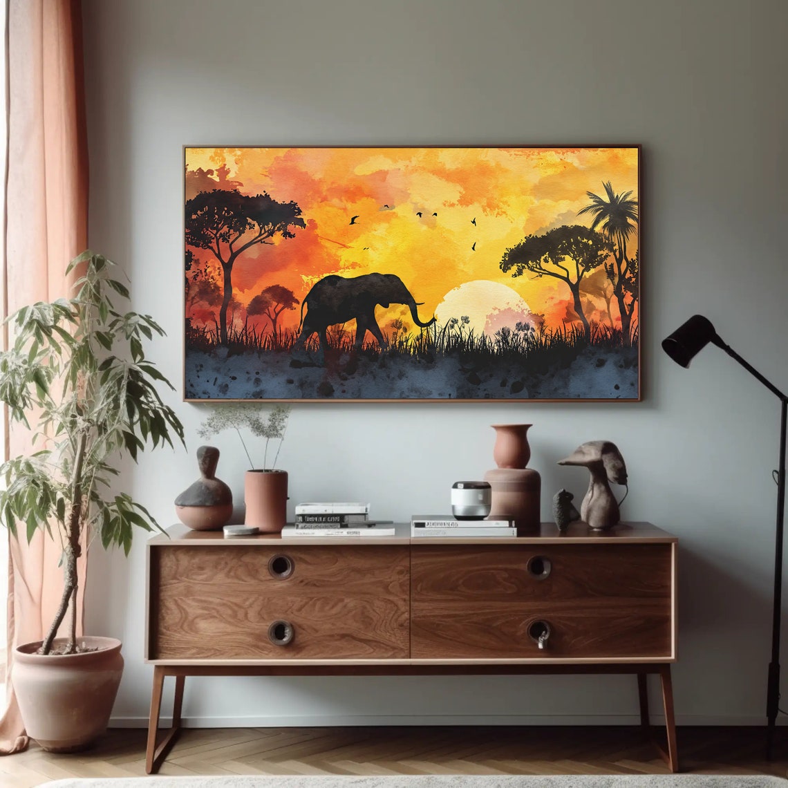 African Elephant Sunset Silhouette Savanna Watercolor Poster - Image 5