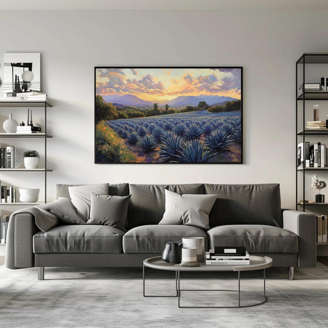 Blue Agave Fields At Golden Sunset Beneath Orange Clouds Poster - Image 2