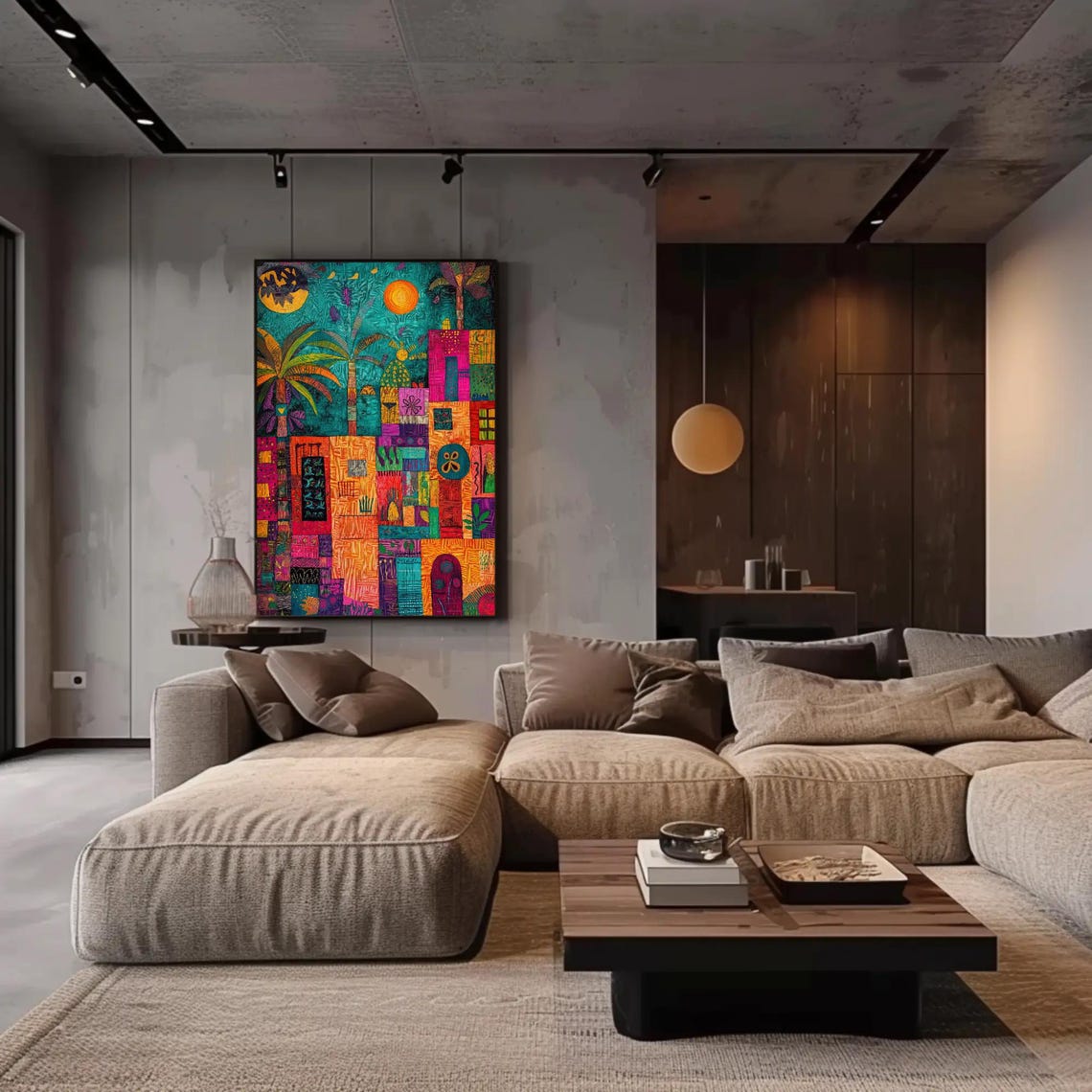 Colorful Mosaic Folk Art Town at Dusk with Sun and Moon Poster - Image 3